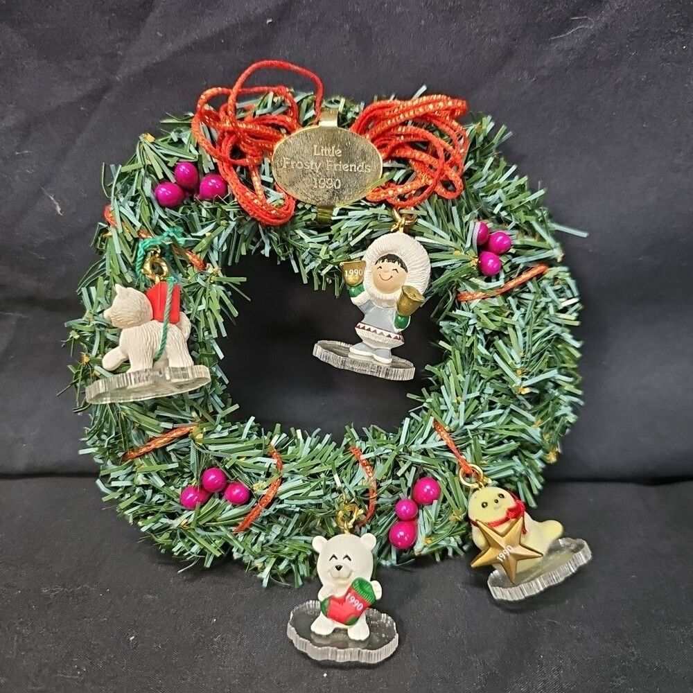 Hallmark Ornament Set of 4 Little Frosty Friends Memory w/ Wreath Display